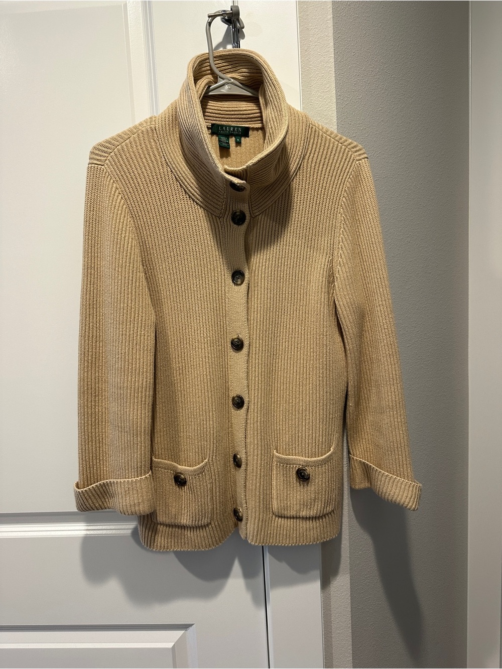 Lauren Ralph Lauren Women’s M Beige Knit 100% Cotton Button Cardigan